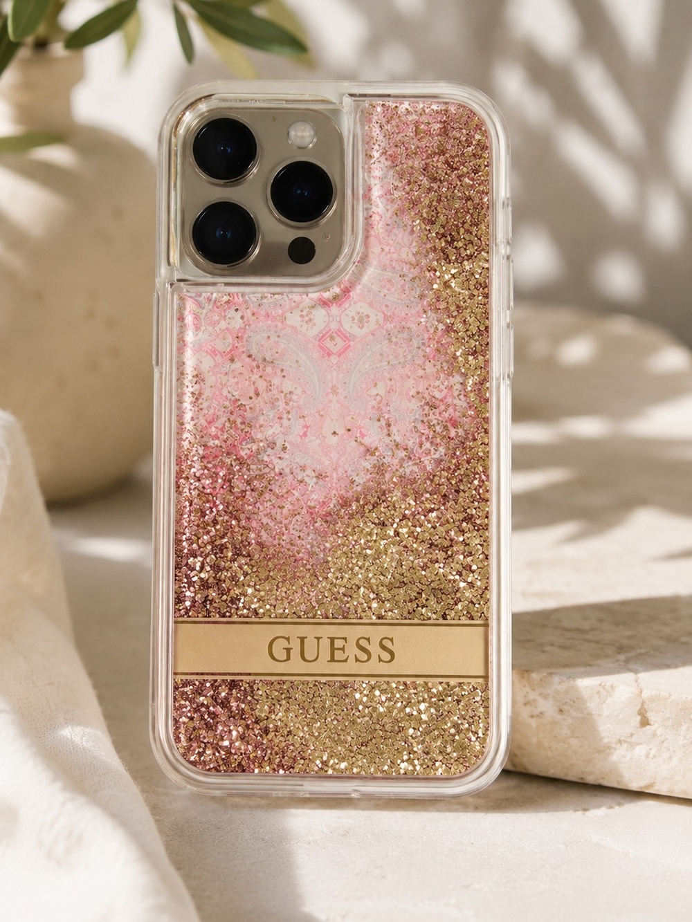 GUESS iPhone 13 Pro Max Pink Gold Liquid Glitter Phone Case Open Box